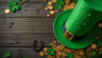 Leprechaun hat with scattered gold coins on rustic wooden background, St. Patrick’s Day festive decor  