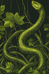 Obraz premium Green Snake Among Lush Leaves, Nature Wildlife Concept