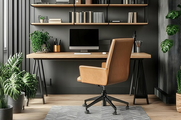 Stylish home office workspace with modern desk, comfortable leather chair, and shelves filled with books and plants.  Perfect for productivity and design inspiration.