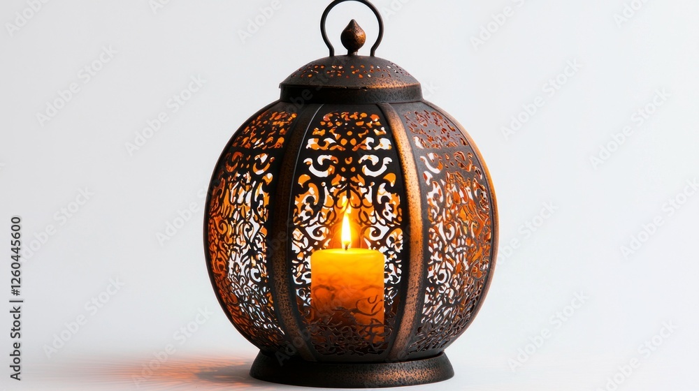 Poster the intricate design of the ornamental arabic lantern glows warmly, illuminating the delicate patter
