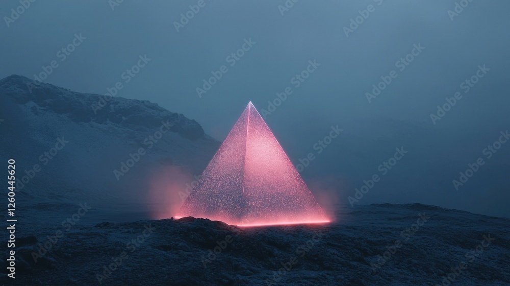 Poster pyramid-shaped structure in the middle of a barren landscape. the pyramid is made up of multiple lay