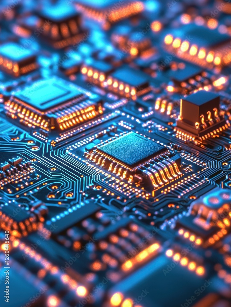 Poster close-up of illuminated circuit board with microchips.