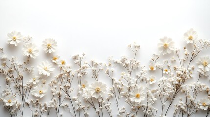 White flowers arranged on white background; wedding invitation design