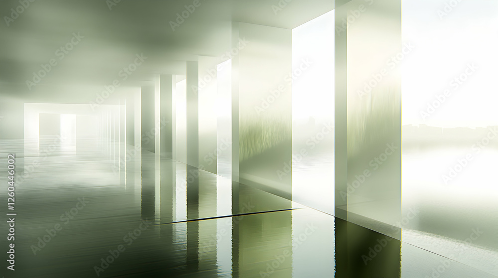 Poster abstract minimalist architecture, serene interior with reflective floor and soft, diffused light. em