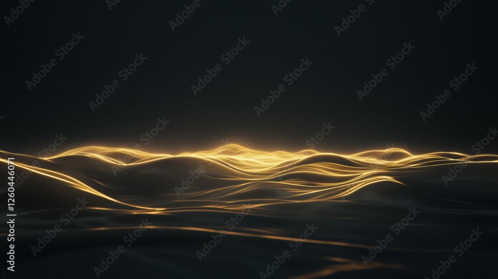Poster abstract digital art piece with a black background. the focal point of the image is a long, wavy lin