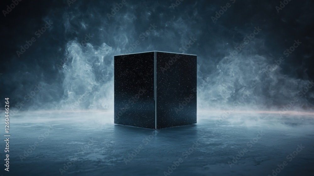 Poster black cube standing in the middle of a dark, foggy landscape. the cube appears to be made of a shiny