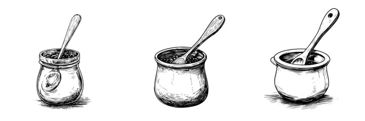 Hand-drawn vector illustration of three jars with spoons showcasing traditional kitchen utensils and homemade ingredients