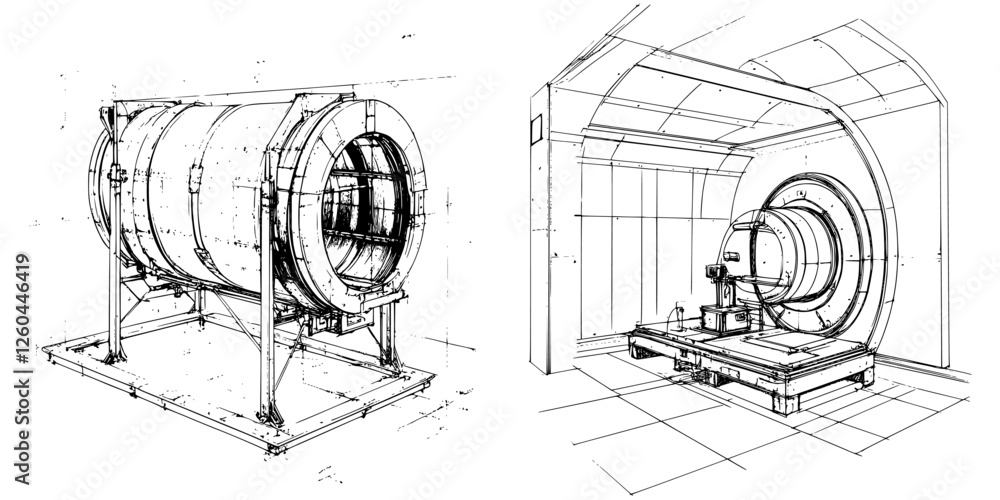 Poster detailed technical sketches of a cylindrical apparatus and advanced machinery setup in a modern labo