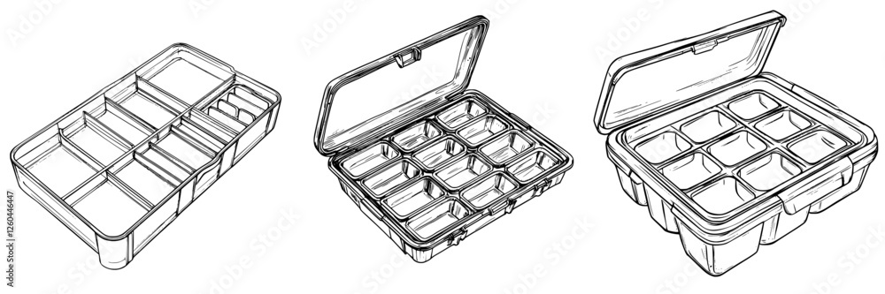 Poster hand-drawn vector illustration of various storage containers for organizing items in a practical man
