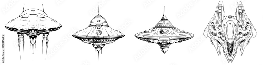 Poster exploring four distinct designs of unidentified flying objects with unique structures and details