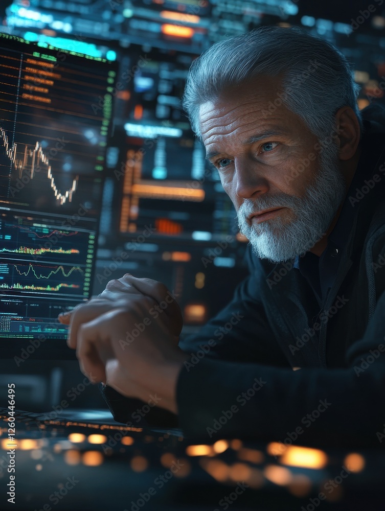 Aufkleber mature crypto trader investor analyst broker using pc computer analyzing digital cryptocurrency exch