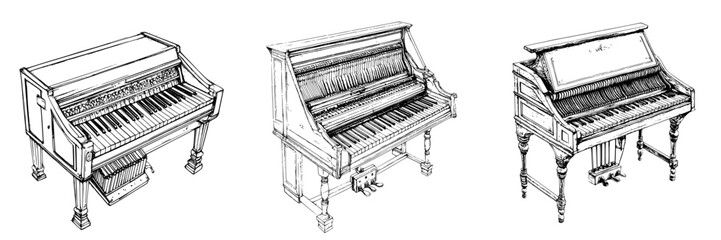 Fototapeta premium Various styles of antique pianos displayed together in a vintage music shop creating a nostalgic atmosphere