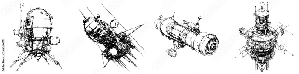 Poster spacecraft concepts showcasing advanced design elements with intricate details and unique structures