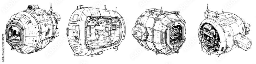Poster detailed sketches of futuristic spacecraft design showcasing external and internal features from var
