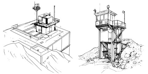 Obraz premium Conceptual design of a secure facility with observation tower in a rugged landscape during daylight