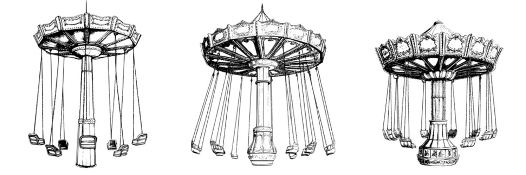 Vintage amusement park swing rides illustrated in detailed line art, showcasing three unique designs and structures from a bygone era