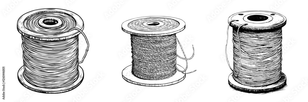 Poster spools of thread display different textures and colors for crafting and sewing projects in a worksho