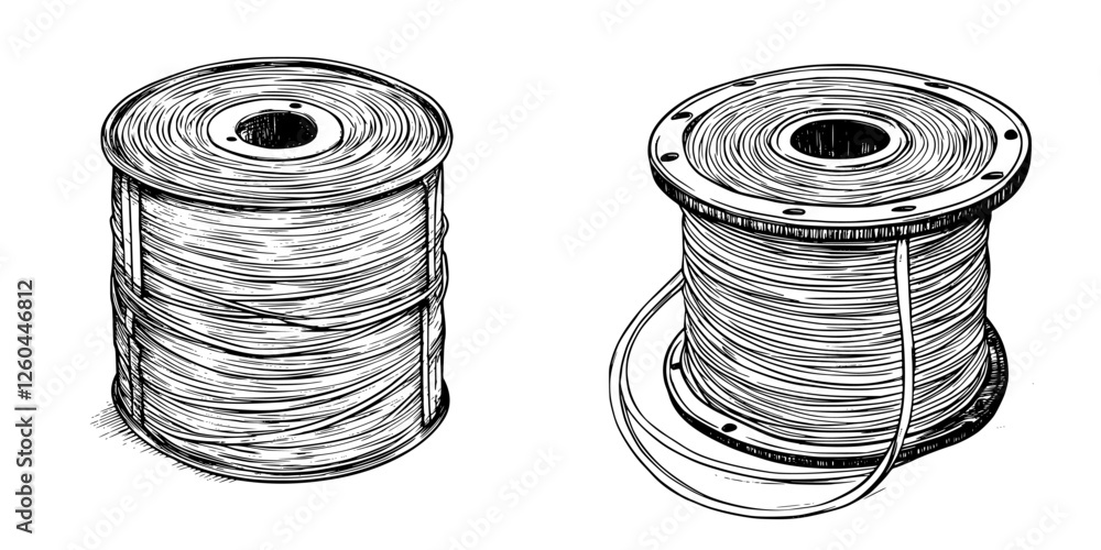 Aufkleber high-quality sketch of two spools of thread with detailed lines and textures, showcasing textile cra