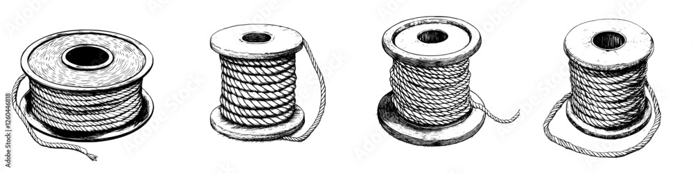 Poster different types of sewing thread spools arranged in a row showcasing various designs and textures