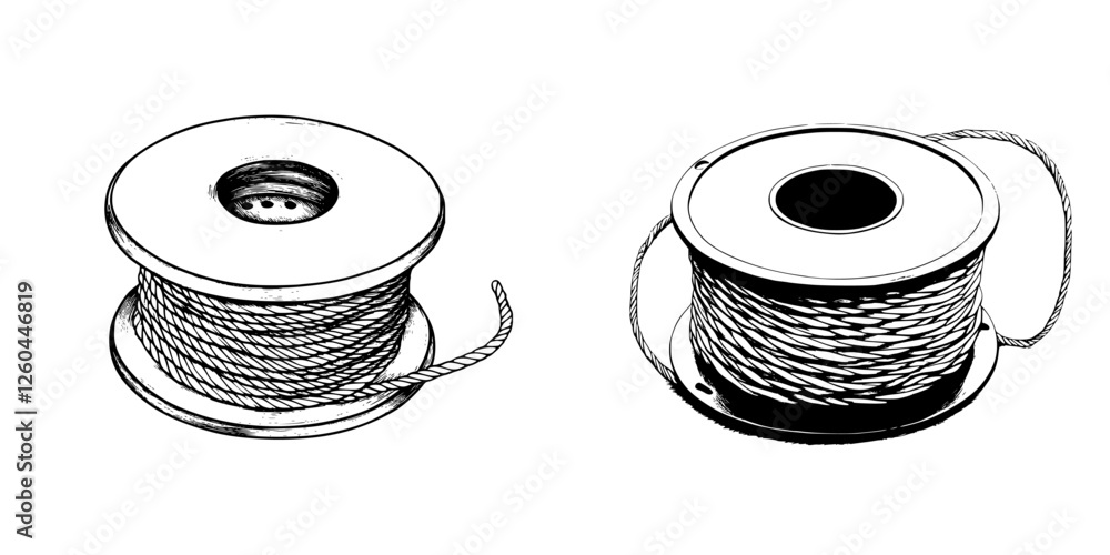 Poster various types of spools with different designs and cord types displayed on a neutral surface