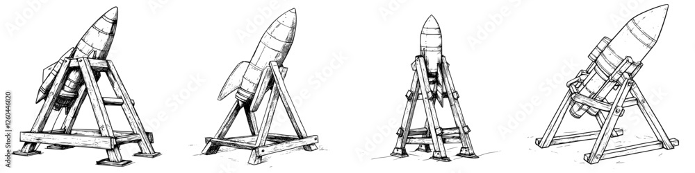 Poster conceptual designs of a vintage rocket launcher in a series of angles showcasing its structure and m