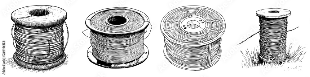 Poster detailed sketches of various spools of wire in different shapes and styles, showcasing their texture