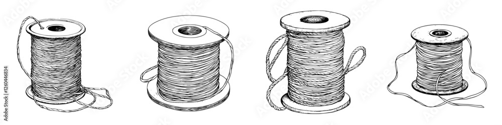 Aufkleber various spools of thread displayed in a linear arrangement showcasing different types and lengths of