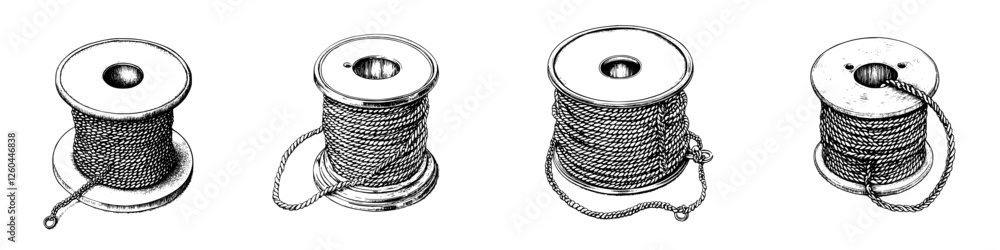 Poster various spools of thread display different amounts in a vintage illustration style