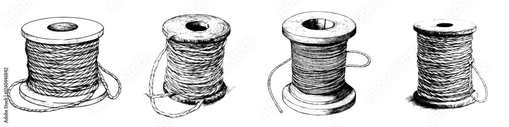 Poster various types of sewing spools with different thread textures and arrangements displayed on a neutra