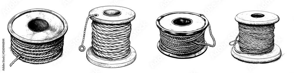 Poster different types of spools with various ropes at a craft workshop displayed on a white background