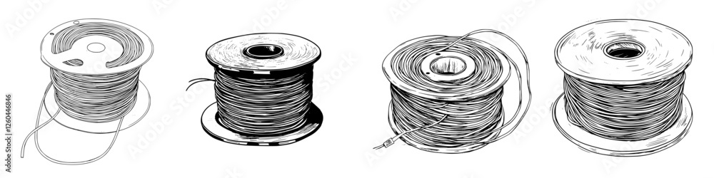 Poster variety of spools with different wire types displayed on tables in a crafting workspace at noon