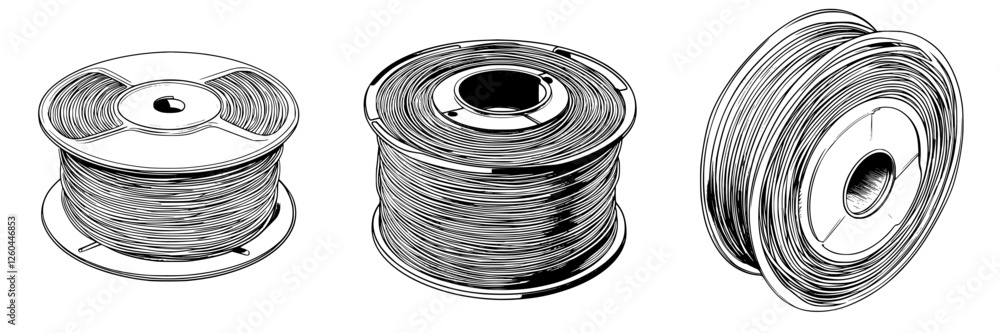 Poster collection of three spools of wire arranged side by side on a plain background showcasing different 