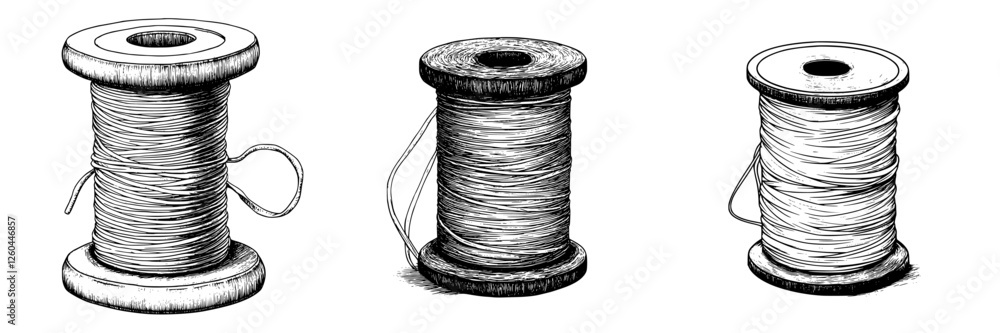 Poster various spools of thread displayed in a simplistic illustration highlighting their distinct shapes a