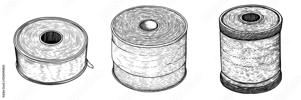 Poster three rolls of thread displayed on a flat surface, showcasing different textures and colors in a sew