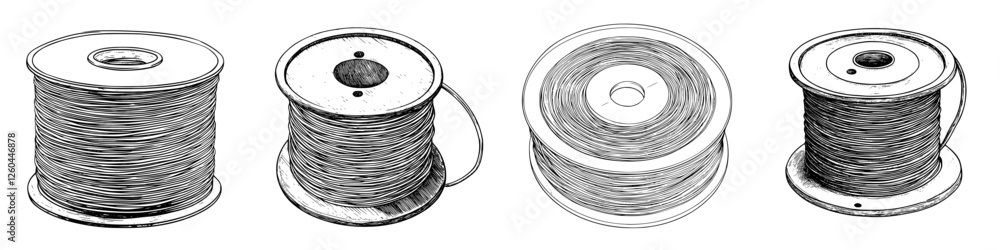 Poster various spools of thread displayed in different orientations on a light background