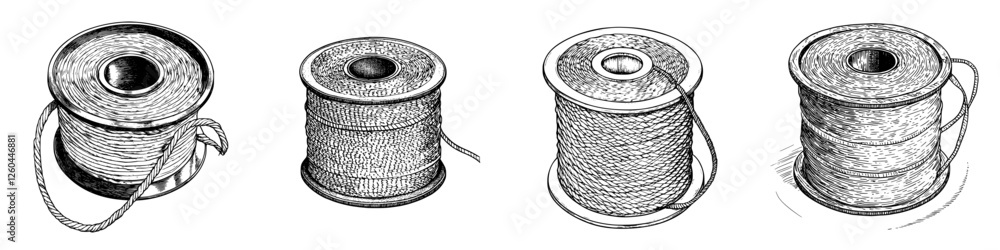 Poster spools of thread in various textures displayed on a white background for crafting and sewing project