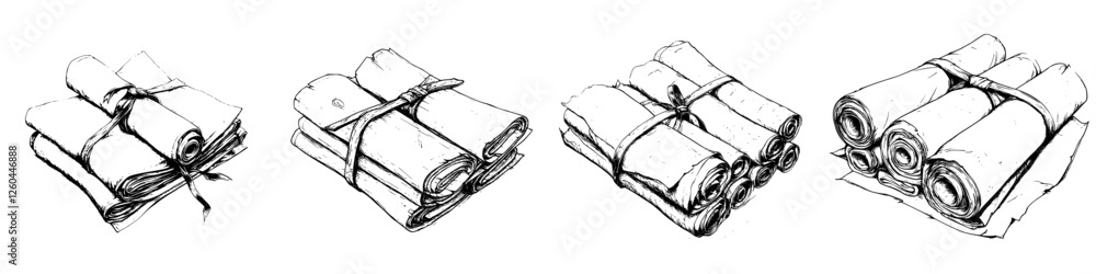 Aufkleber Hand-drawn sketches of rolled-up documents tied with string on a simple background