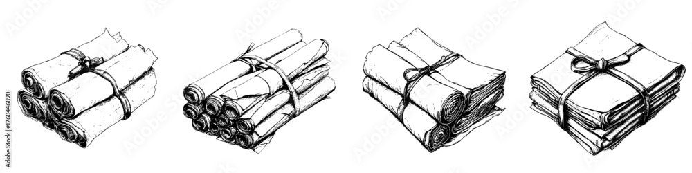 Poster artistic representation of rolled parchment papers tied with string on a clean white background