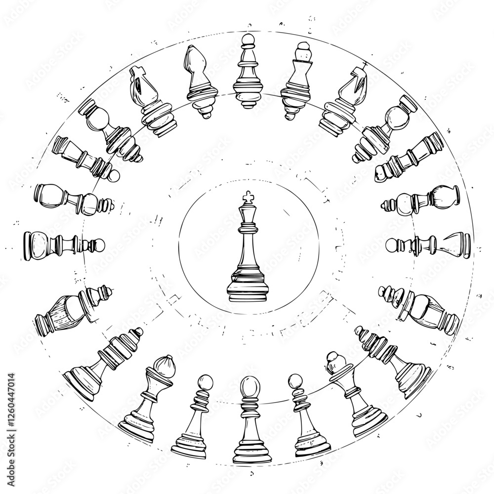 Poster intricate chess design featuring all pieces arranged in a circular pattern around the king