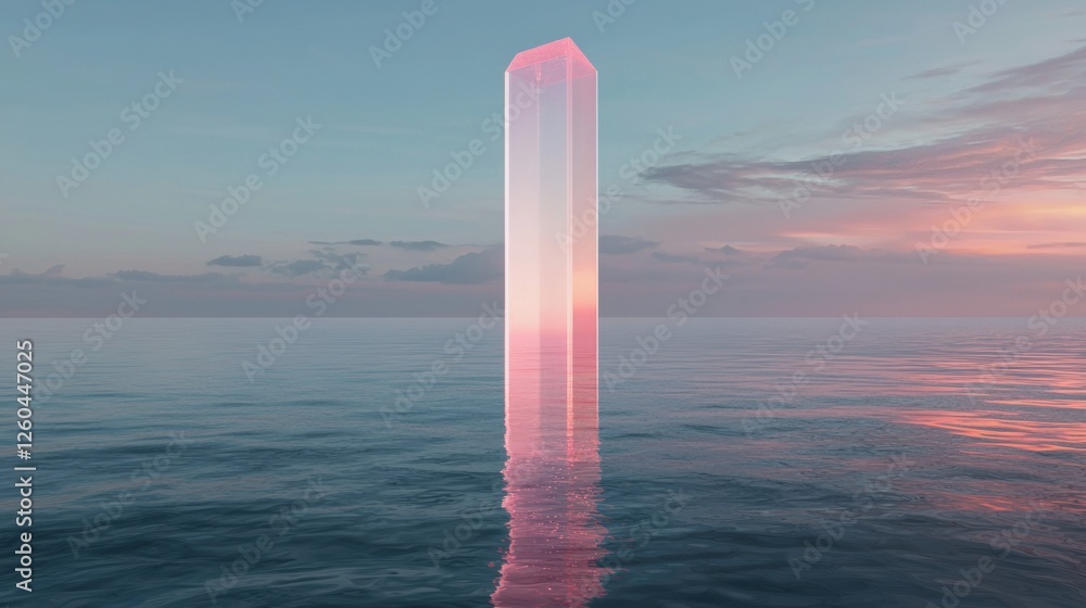 Poster digital illustration of a tall, slender tower standing in the middle of the ocean. the tower is made