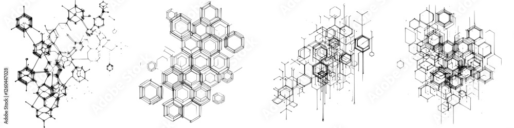 Poster abstract design featuring chemical structures and molecular patterns in black and white, showcasing 