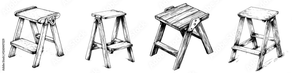 Poster wooden stools in various designs displayed on a white background showcasing craftsmanship and functi