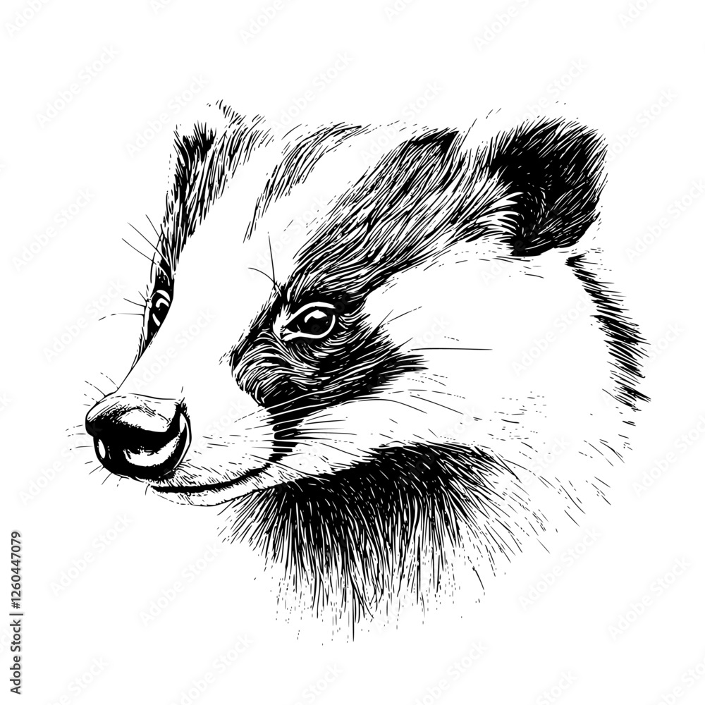 Poster detailed illustration of a badger showing its distinctive features in a sketchy art style