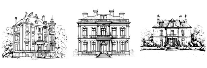 Obraz premium Classic architectural designs showcasing three distinct styles of historic mansions