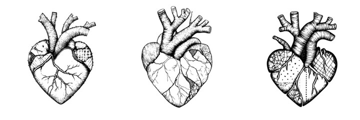 Artistic representation of hearts with detailed anatomical features and textures captured in a monochrome design
