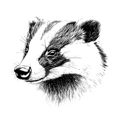 Detailed illustration of a badger showing its distinctive features in a sketchy art style