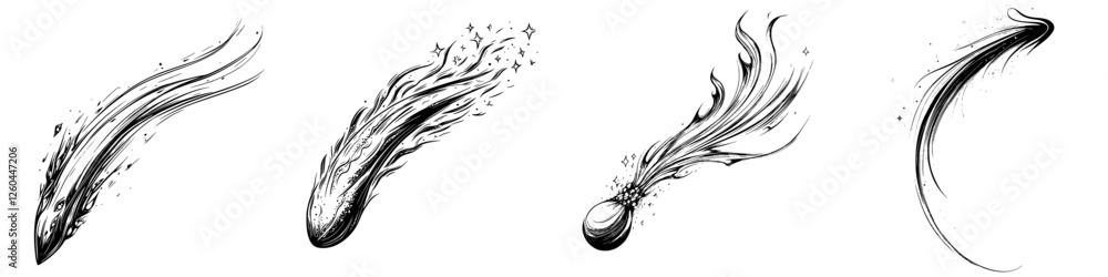 Poster illustration of four unique comet designs in various dynamic positions and styles