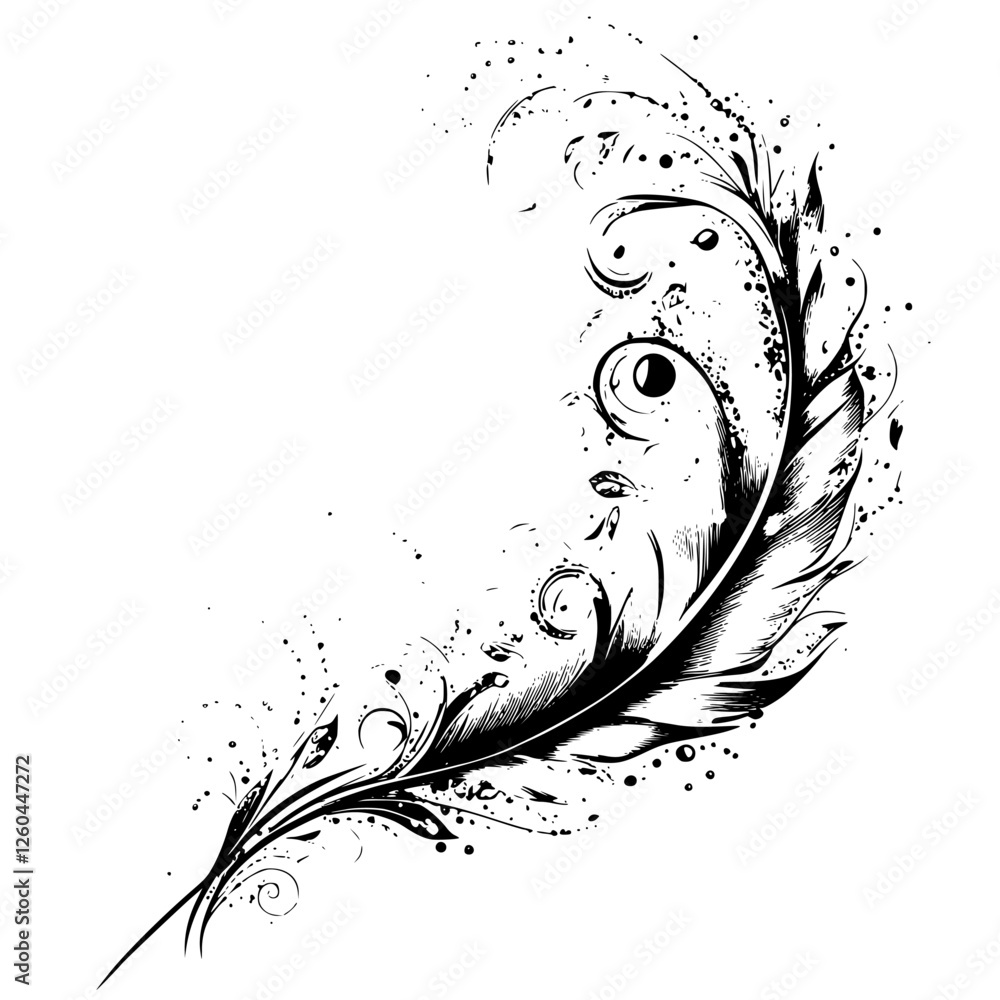 Poster elegant black and white feather design with intricate floral patterns and swirling elements for arti