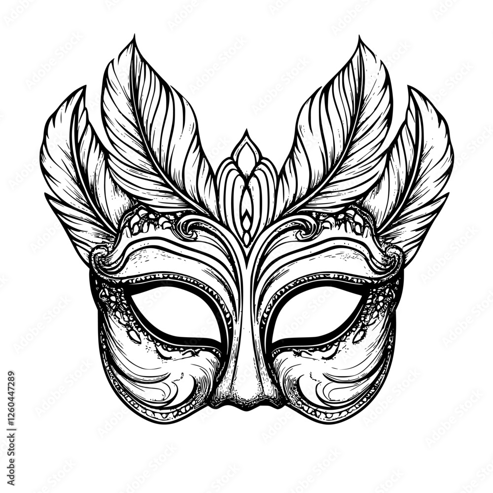 Poster intricate masquerade mask designed with feathers and ornate patterns showcasing artistic craftsmansh