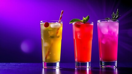 Fototapeta premium Group of three soft drinks in various glasses with garnish